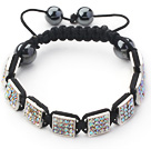 Square Shape White with Colorful Rhinestone Sheet and Hematite and Black Thread Woven Adjustable Drawstring Bracelet