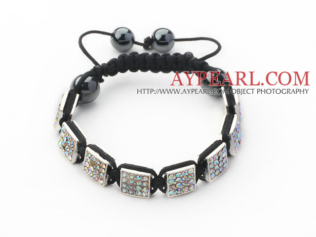 Square Shape White with Colorful Rhinestone Sheet and Hematite and Black Thread Woven Adjustable Drawstring Bracelet