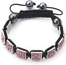 Square Shape Pink Color Rhinestone Sheet and Hematite and Black Thread Woven Adjustable Drawstring Bracelet