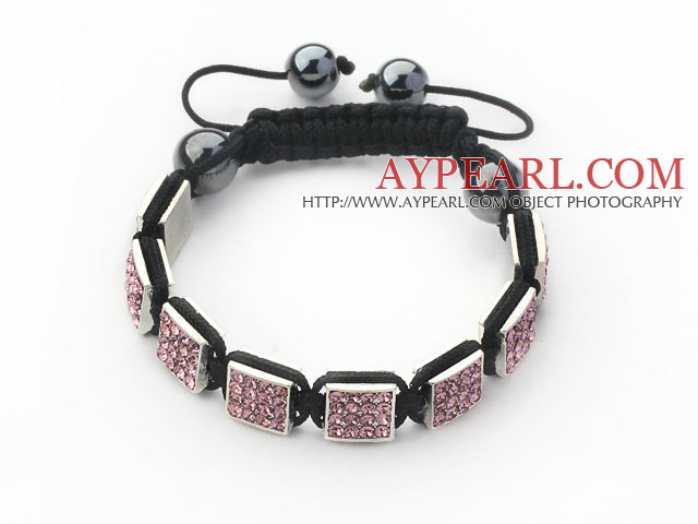 Forme carrée feuille rose strass de couleur et d'hématite et de fil noir tissé Bracelet avec cordon de serrage réglable