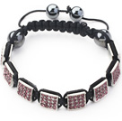 Square Shape lys lilla farge Rhinestone skjema og hematitt og Black Thread Woven justerbar snor armbånd