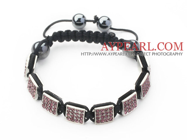 Forme carrée Light Purple Feuille de strass de couleur et d'hématite et de fil noir tissé Bracelet avec cordon de serrage réglable