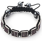 Square Shape Dark Purple Color Rhinestone skjema og hematitt og Black Thread Woven justerbar snor armbånd