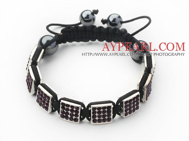 Square Shape Dark Purple Color Rhinestone Sheet and Hematite and Black Thread Woven Adjustable Drawstring Bracelet