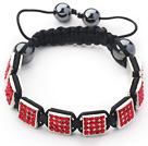 Square Shape Red Color Rhinestone Sheet and Hematite and Black Thread Woven Adjustable Drawstring Bracelet