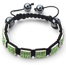 Wholesale Square Shape Apple Green Color Rhinestone Sheet and Hematite and Black Thread Woven Adjustable Drawstring Bracelet