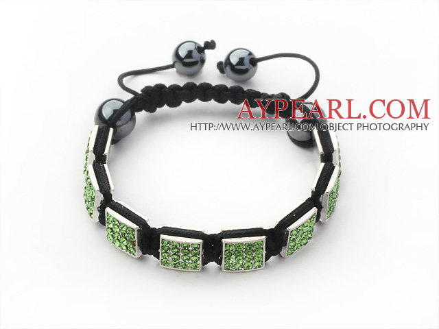 Square Shape Apple Green Color Rhinestone Sheet and Hematite and Black Thread Woven Adjustable Drawstring Bracelet