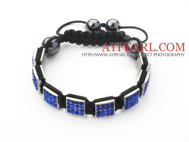 Square Shape Dark Blue Color Rhinestone Sheet and Hematite and Black Thread Woven Adjustable Drawstring Bracelet