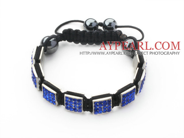 Square Shape Mørk Blå Color Rhinestone skjema og hematitt og Black Thread Woven justerbar snor armbånd