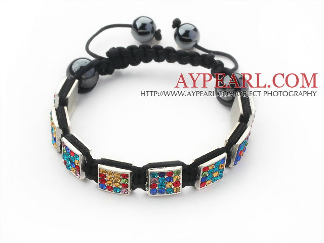 Forme carrée multi-feuilles de strass de couleur et d'hématite et noir fil tissé Bracelet avec cordon de serrage réglable