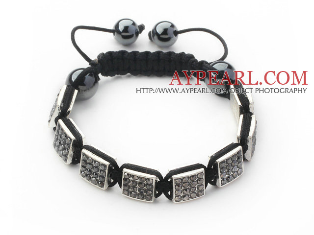 Square Shape Steel Color Rhinestone Sheet and Hematite and Black Thread Woven Adjustable Drawstring Bracelet