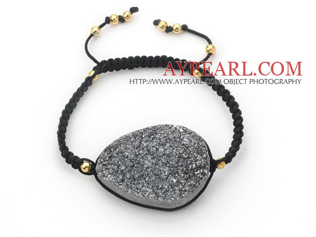 Oval Shape Gray Black Crystallized Agate Drawstring Bracelet with Golden Color Metal Beads