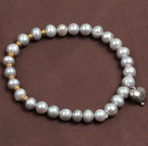 Simple Elegant Style 5-6Mm Natural Grey Freshwater Pearl Elastic/ Stretch Bracelet With Heart Charm