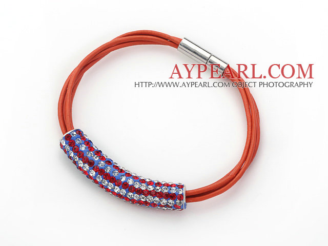 Red and White Tube Shape STRASS armband med orange läder och magnetlås
