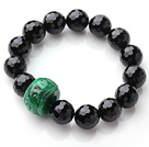 Single Strand Une année facettes agate noire et batterie Green Shape Jade bracelet élastique 