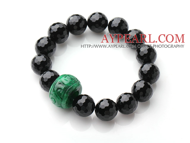 Enkelt Strand A Grade Fasettert Sort Agate And Drum Form Green Jade Elastisk armbånd 