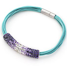 Purple and White Tube Shape Rhinestone Bracelet with Blue Leather and Magnetic Clasp