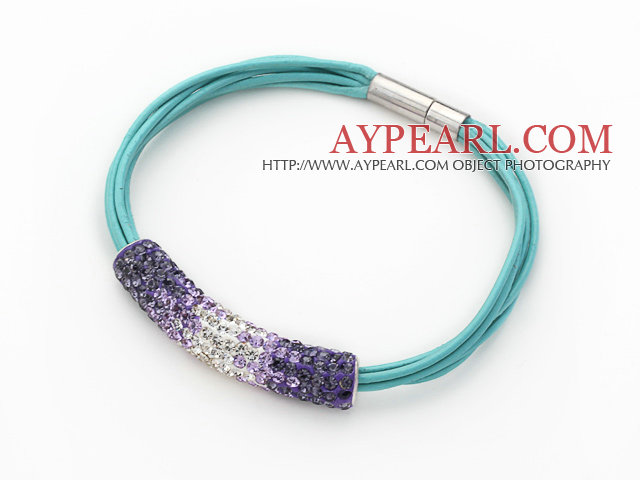 Purple and White Tube Shape Rhinestone Bracelet with Blue Leather and Magnetic Clasp