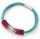 Red and White Tube Shape Rhinestone Bracelet with Blue Leather and Magnetic Clasp