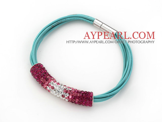 Red and White Tube Shape Rhinestone Bracelet with Blue Leather and Magnetic Clasp