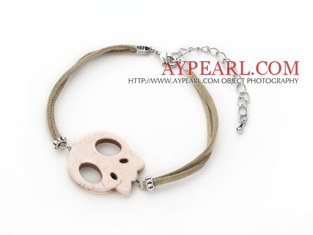 10 Pieces White Howlite Skull Bracelet with Gray Soft Leather and Extendable Chain