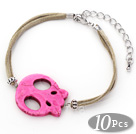 10 Pieces Dyed Hot Pink Turquoise Skull Bracelet with Gray Soft Leather and Extendable Chain