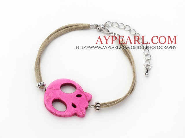 10 Pieces Dyed Hot Pink Turquoise Skull Bracelet with Gray Soft Leather and Extendable Chain