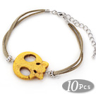 10 Pieces Dyed Yellow Turquoise Skull Bracelet with Gray Soft Leather and Extendable Chain