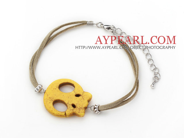 10 Pieces Dyed Yellow Turquoise Skull Bracelet with Gray Soft Leather and Extendable Chain