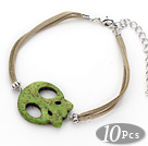 10 Pieces Dyed Green Turquoise Skull Bracelet with Gray Soft Leather and Extendable Chain