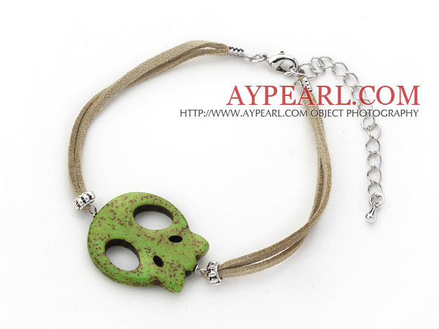 10 Pieces Dyed Green Turquoise Skull Bracelet with Gray Soft Leather and Extendable Chain