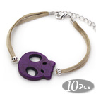 10 Pieces Dyed Dark Purple Turquoise Skull Bracelet with Gray Soft Leather and Extendable Chain