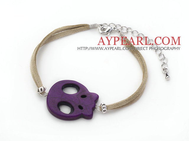 10 Pieces Dyed Dark Purple Turquoise Skull Bracelet with Gray Soft Leather and Extendable Chain