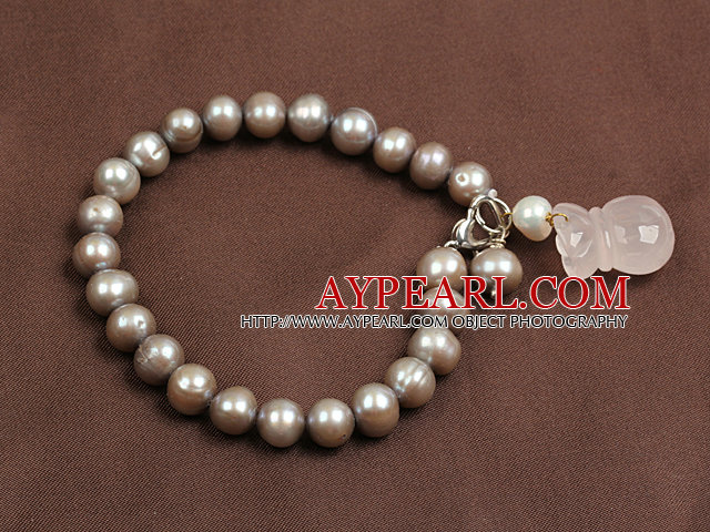 Simple Elegant Style Natural Grey Freshwater Pearl Elastic/ Stretch Bracelet With Rose Quartz Moneybag Charm