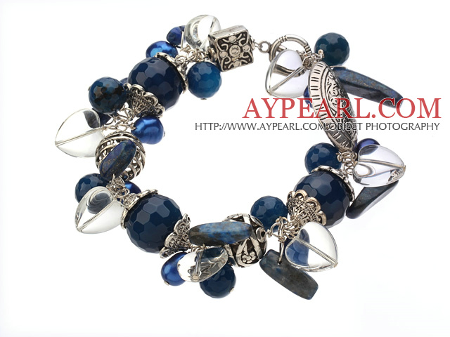 Vintage Style Heart Shape Clear Crystal Blue Agate Pearl Tibet Silver Accessory Bracelet With Toggle Clasp