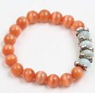 Wholesale Summer Beach Jewelry Orange Cats Eye Stone And Amazon Stone Beaded Elastic/ Stretch Bracelet