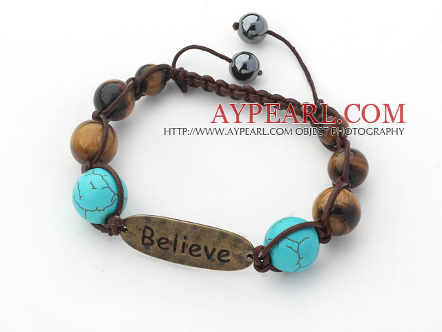 Brown Series Round Tiger Eye and Turquoise Graduated Adjustable Drawstring Bracelet