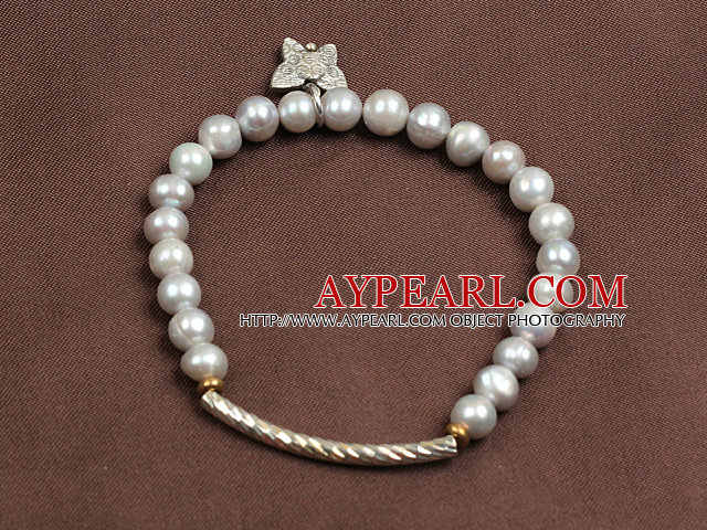 Simple style élégant 5-6mm Gris naturel perles d'eau douce élastique / Bracelet extensible Avec Charm papillon allié