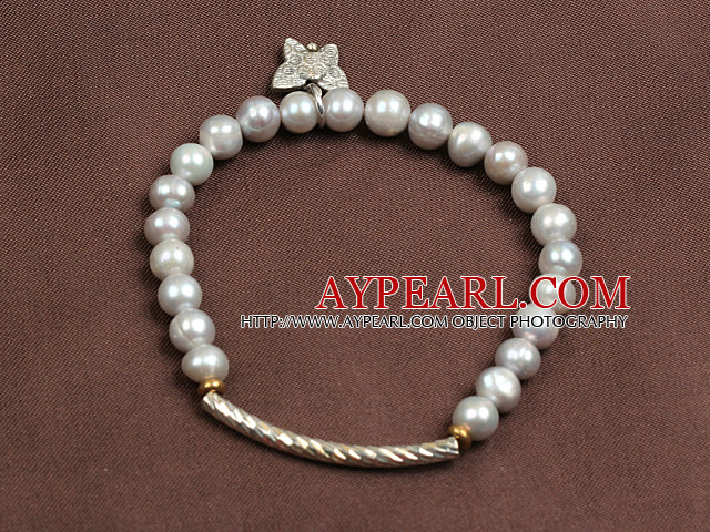 Simple Elegant Style 5-6Mm Natural Grey Freshwater Pearl Elastic/ Stretch Bracelet With Alloyed Butterfly Charm