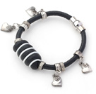 Black Cowhide Leather Bracelets with Heart Shape Metal Accessories