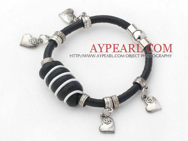 Black Cowhide Leather Bracelets with Heart Shape Metal Accessories