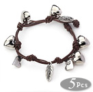 5 Pieces Brown Leather Bracelets with Heart Shape Metal Accessories and Metal Clasp