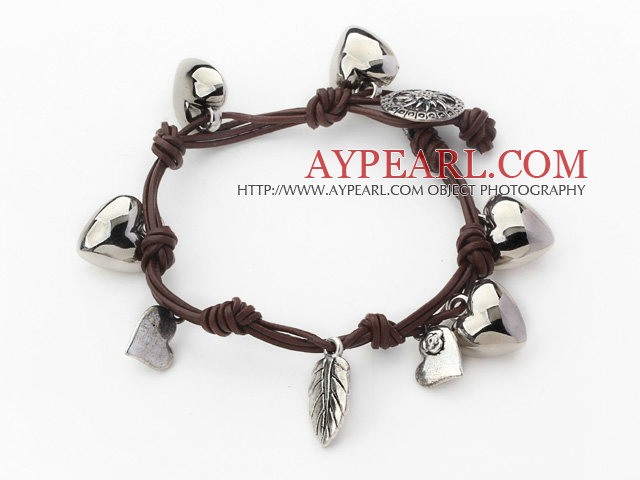 5 Morceaux brun cuir Bracelets avec des accessoires en métal forme coeur et fermoir métal