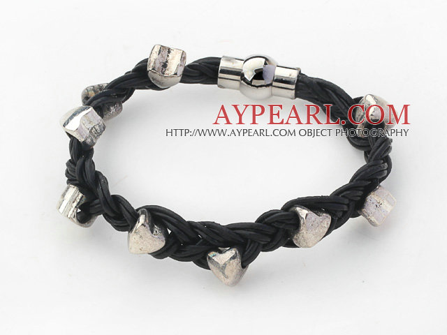 Black Leather Woven Bracelets with Heart Shape Metal Accessories
