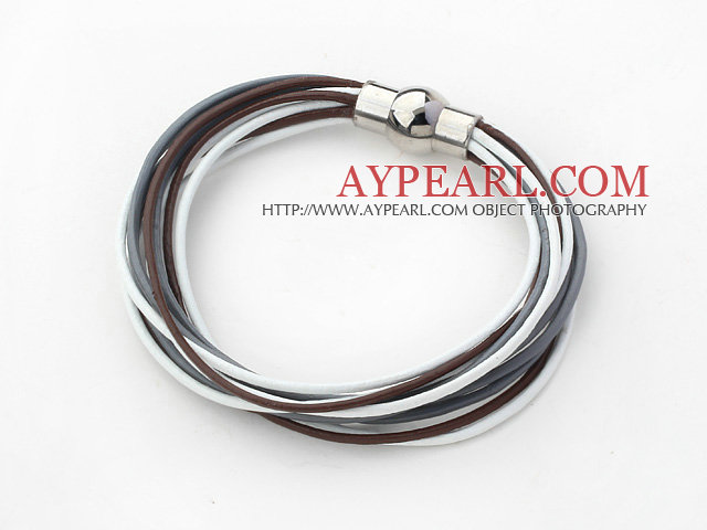 5 Pieces White and Gray and Brown Leather Bracelets with Magnetic Clasp