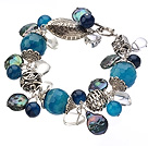 Vintage Style Blue Agate Button Pearl And Irregular Clear Crystal Tibet Silver Accessory Bracelet With Toggle Clasp