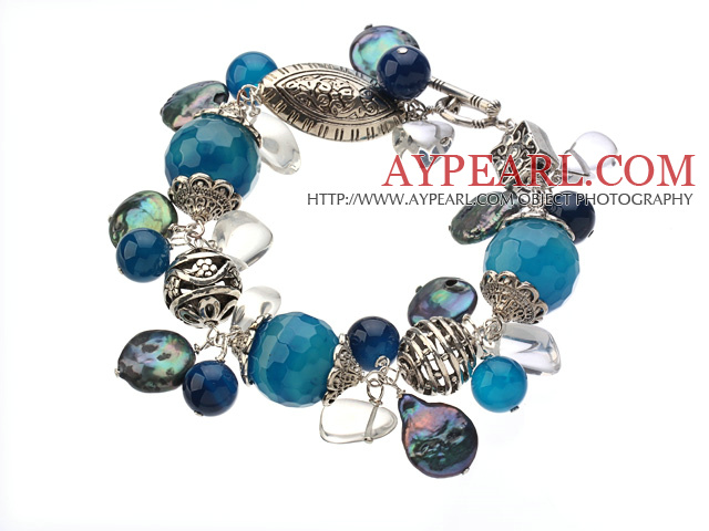 Vintage Style Blue Agate Button Pearl And Irregular Clear Crystal Tibet Silver Accessory Bracelet With Toggle Clasp