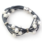 Dark Gray Leather Bracelet with Round Shape Silver Color Frosted Metal Beads