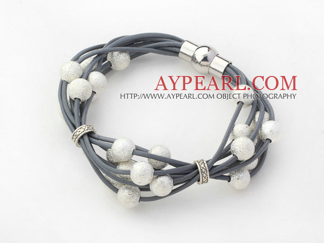 Dark Gray Leather Bracelet with Round Shape Silver Color Frosted Metal Beads
