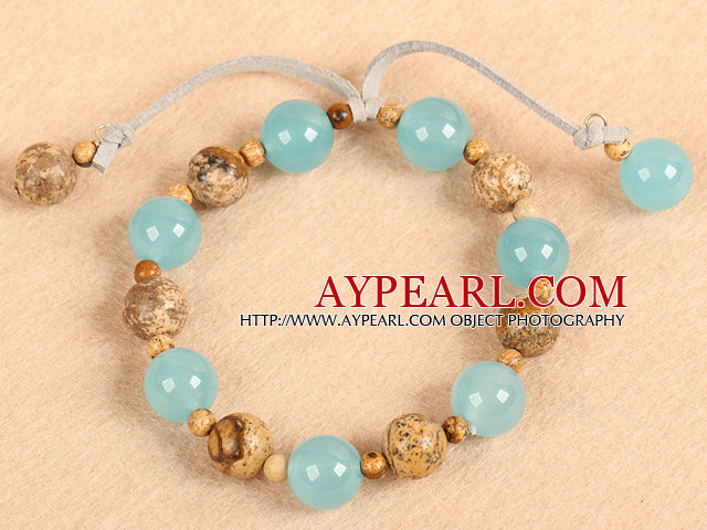 Simple Fashion Round Picture Jasper And Blue Jade Elastic Bracelet With Gray Leather Tassel